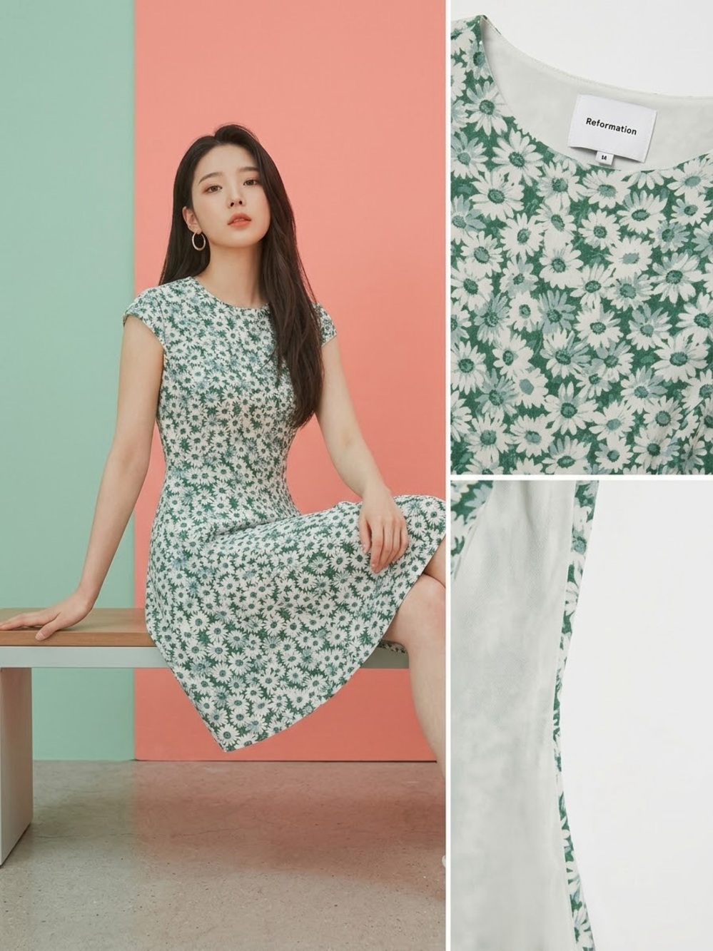 Reformation Daisy-Print Mini Dress in Green and White